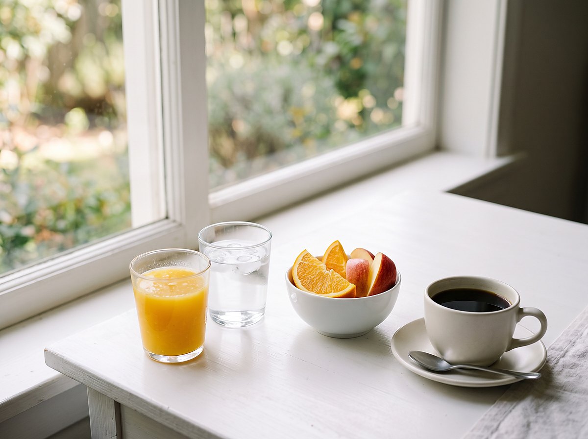 Jugo de naranja, agua, fruta picada y café solo sobre una mesa junto a la ventana.