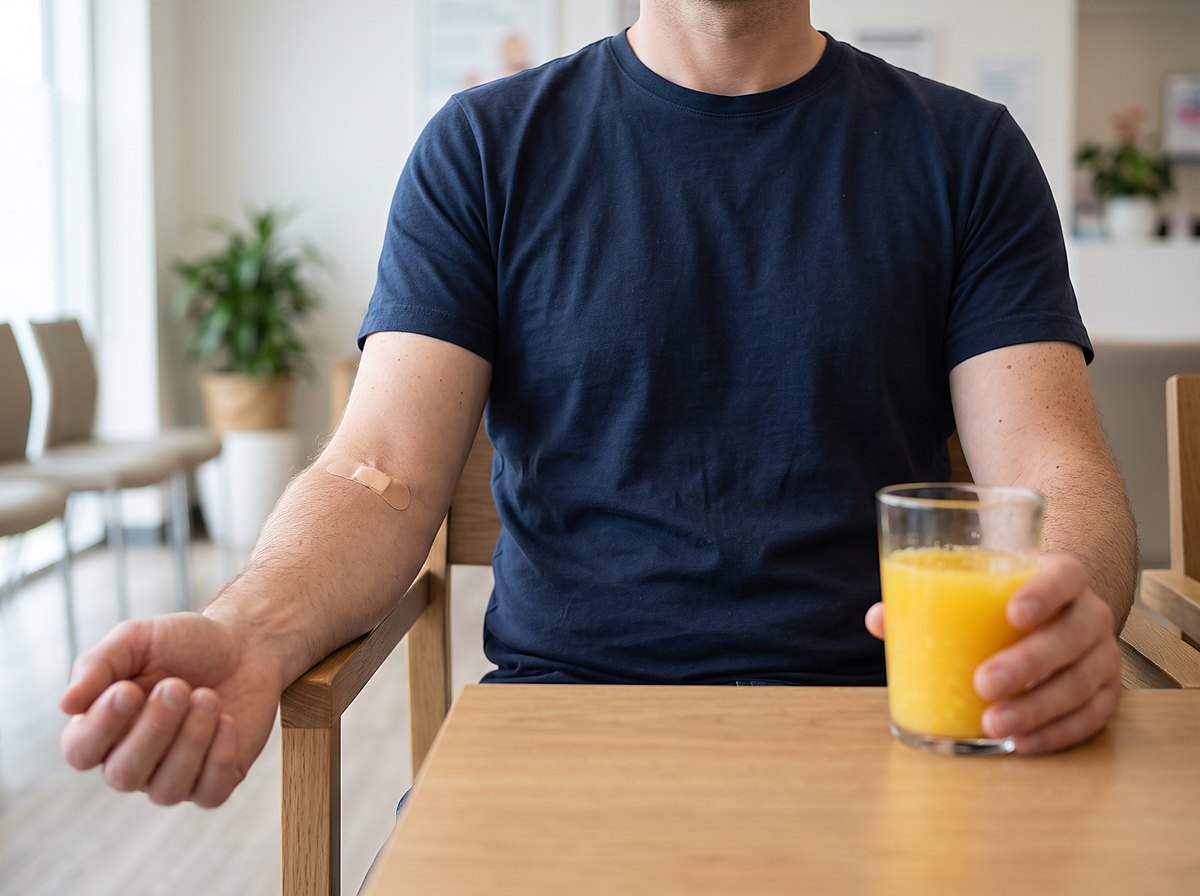 Pliegue del codo con una curita redonda mientras la persona toma un vaso de jugo.