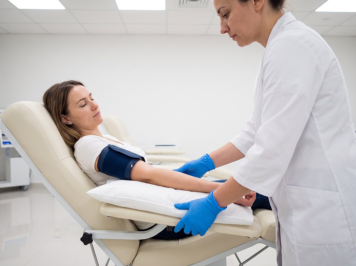 Donante recostada con el brazalete de presión puesto, atendida por una enfermera con guantes.