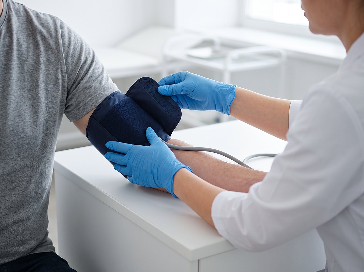 Manos con guantes colocan un brazalete de presión en el brazo de un donante.